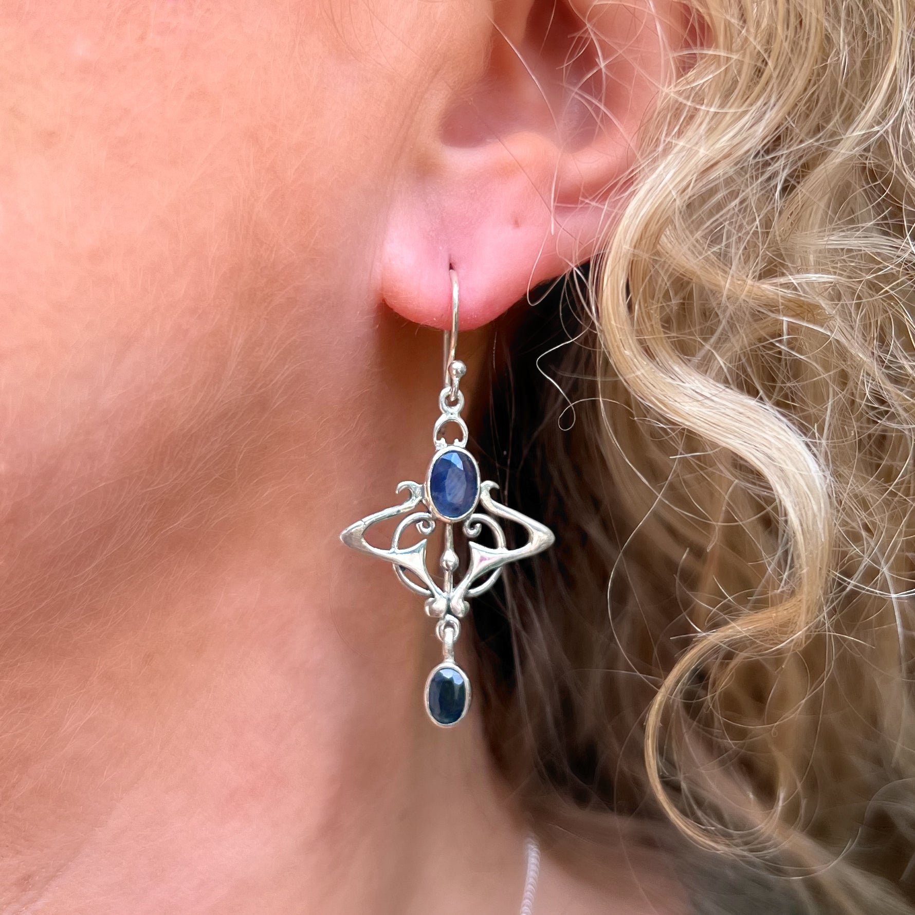 Blue Sapphire Sterling Silver Art Nouveau Inspired Earrings