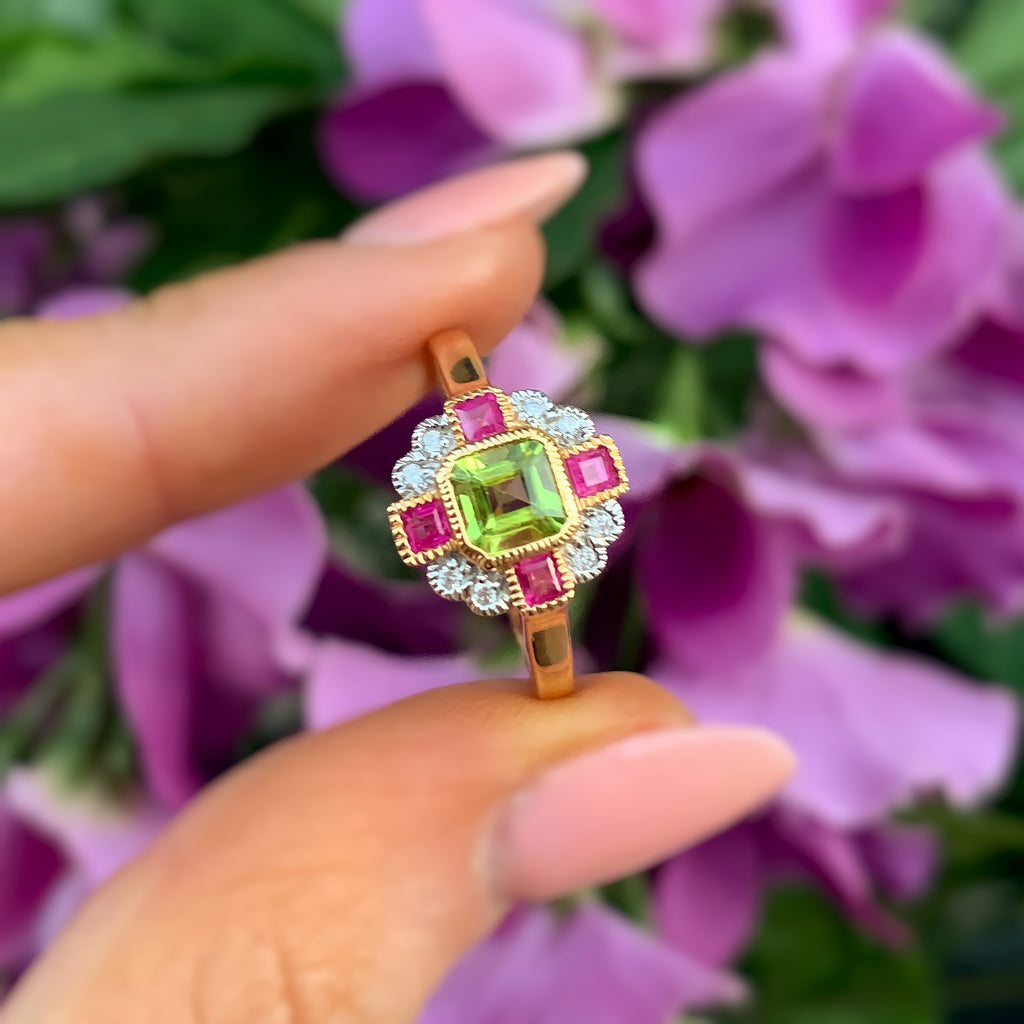 Peridot, Pink Ruby and Diamond Art Deco Reproduction 9ct Yellow Gold Ring | Size O