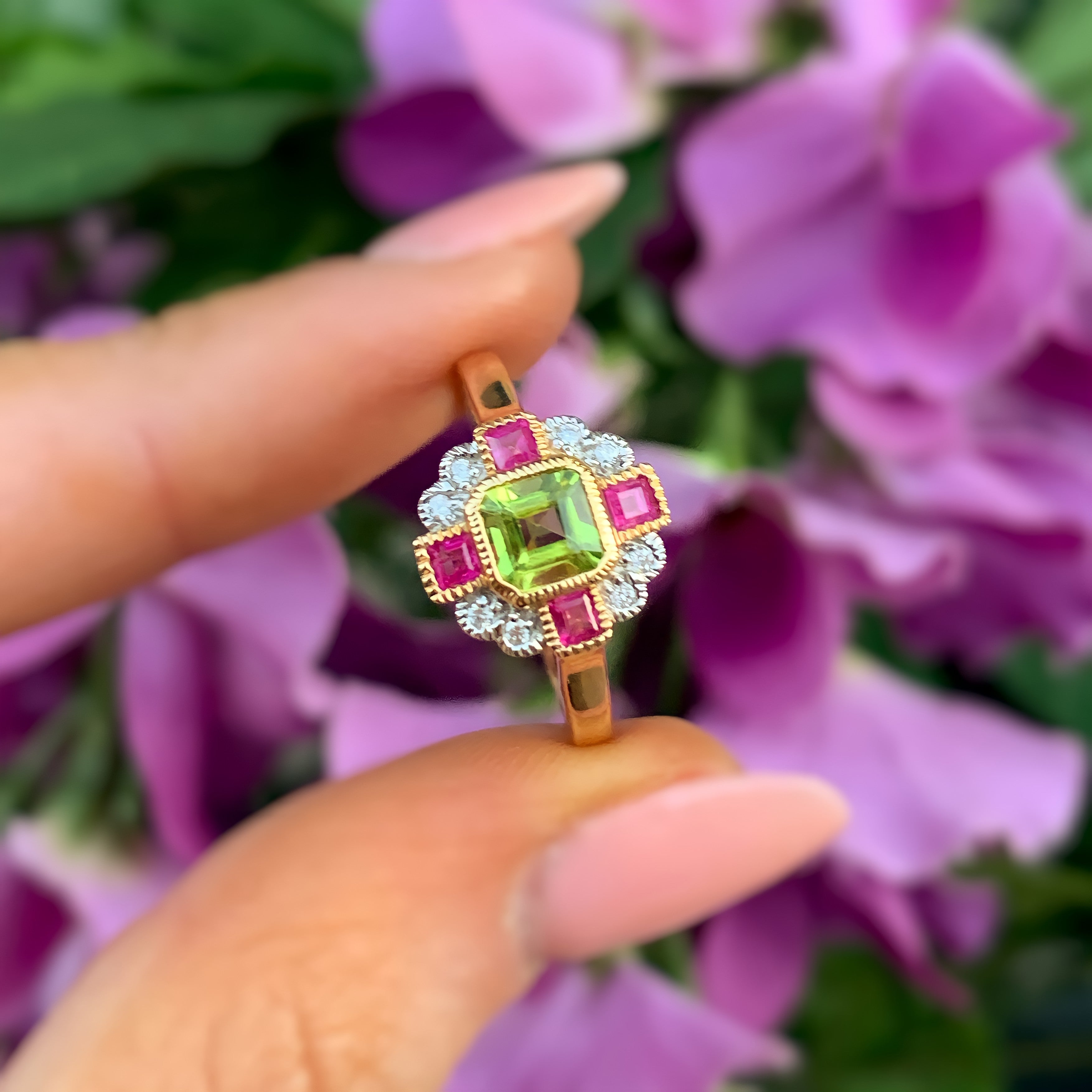Peridot, Pink Ruby and Diamond Art Deco Reproduction 9ct Yellow Gold Ring | Size O