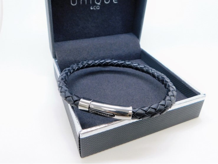 Mens UNIQUE & Co. black leather bracelet with silver and black steel clasp