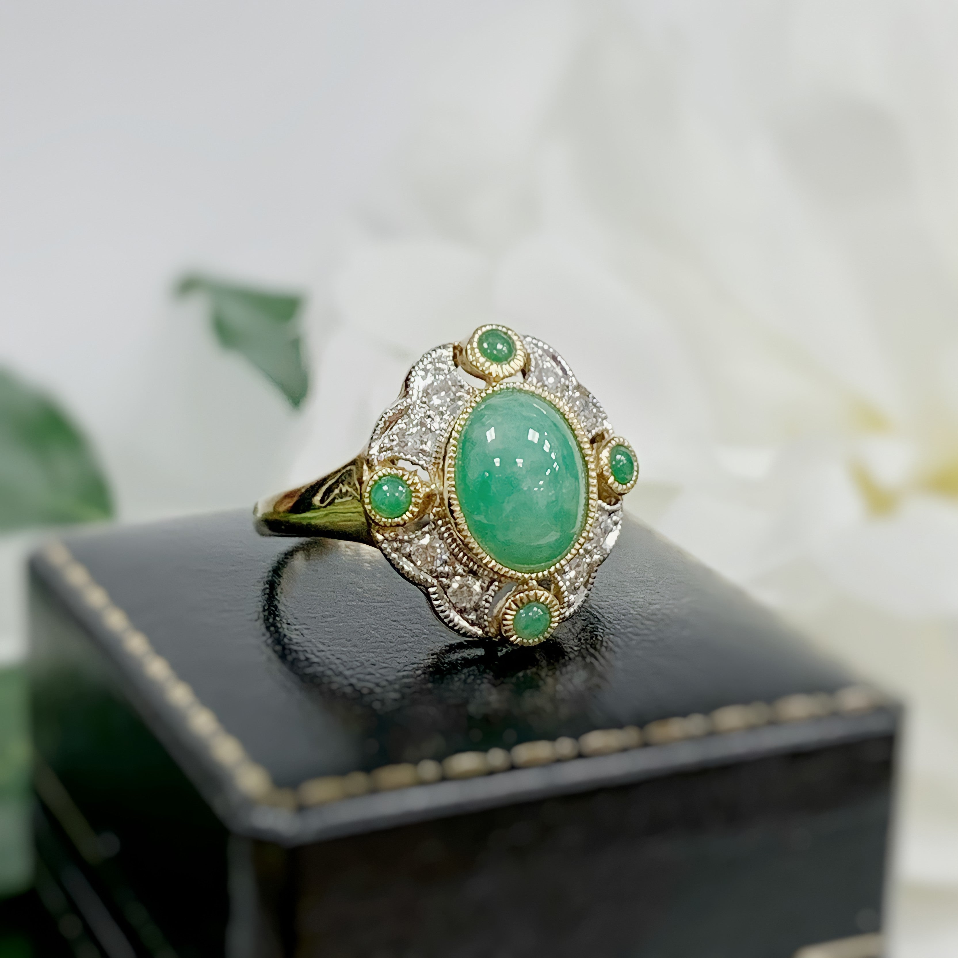 Jade and Diamond Art Deco Reproduction 9ct Yellow Gold Ring | Size N ½