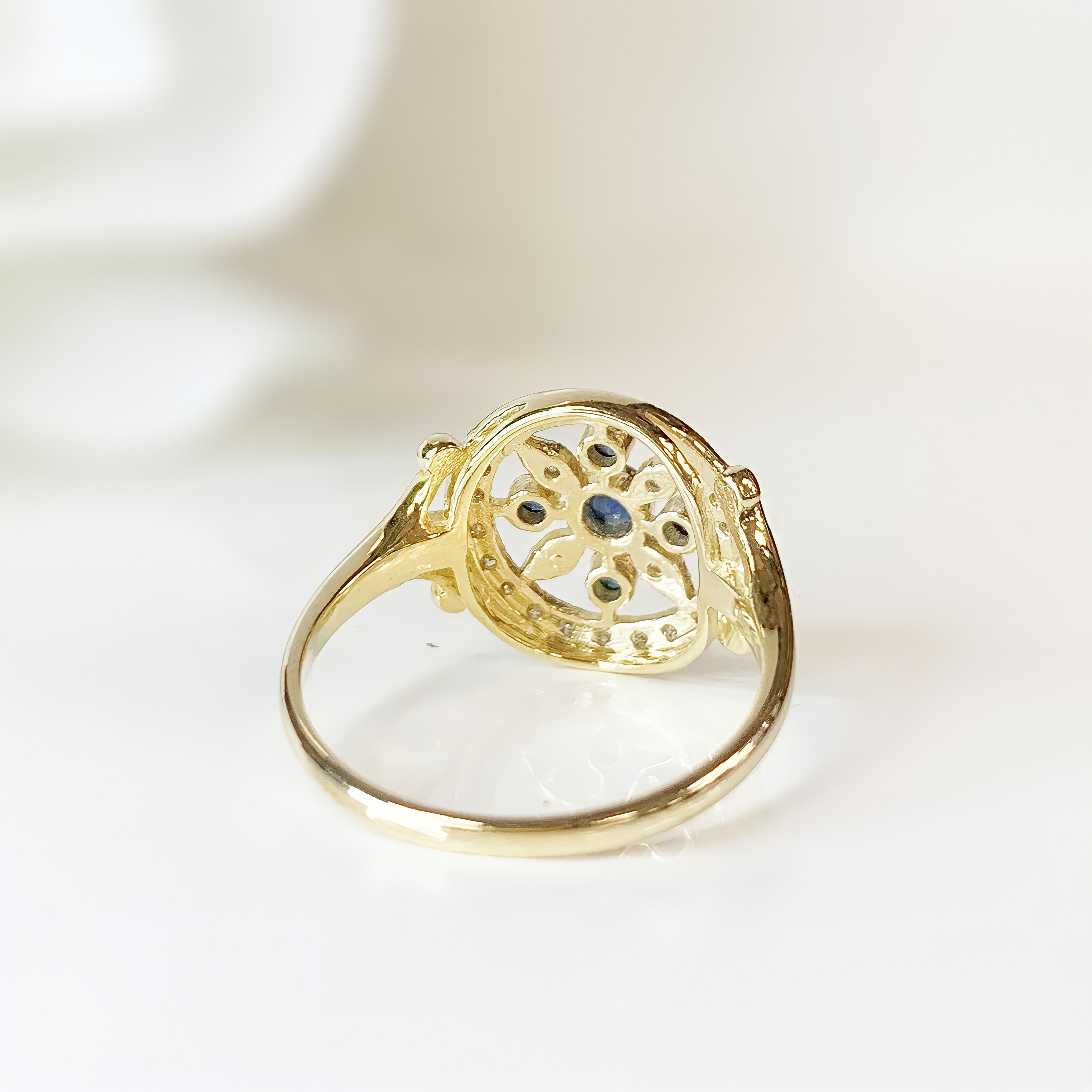 Victorian Inspired Sapphire and Diamond 9ct Yellow Gold Ring | Size L ½
