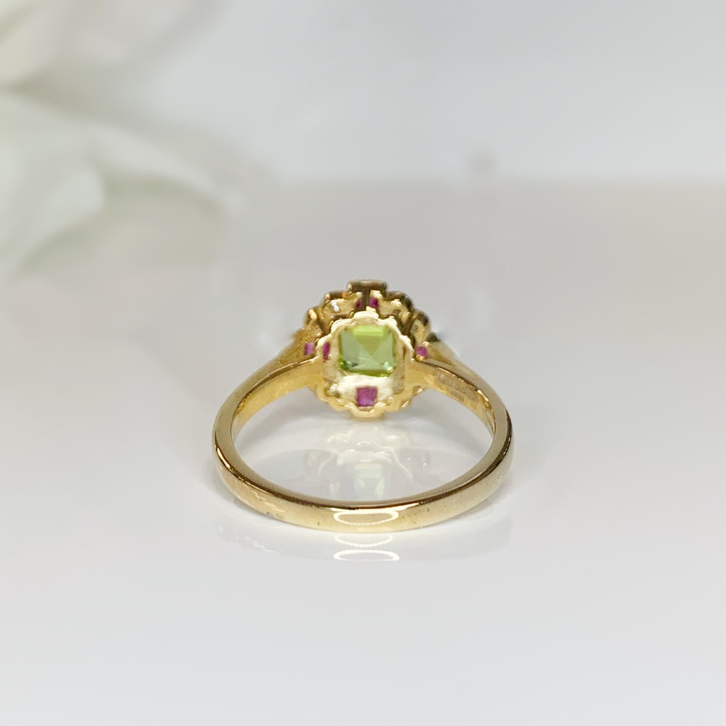 9ct Yellow Gold Art Deco Reproduction Peridot, Ruby and Diamond Ring – SIZE O