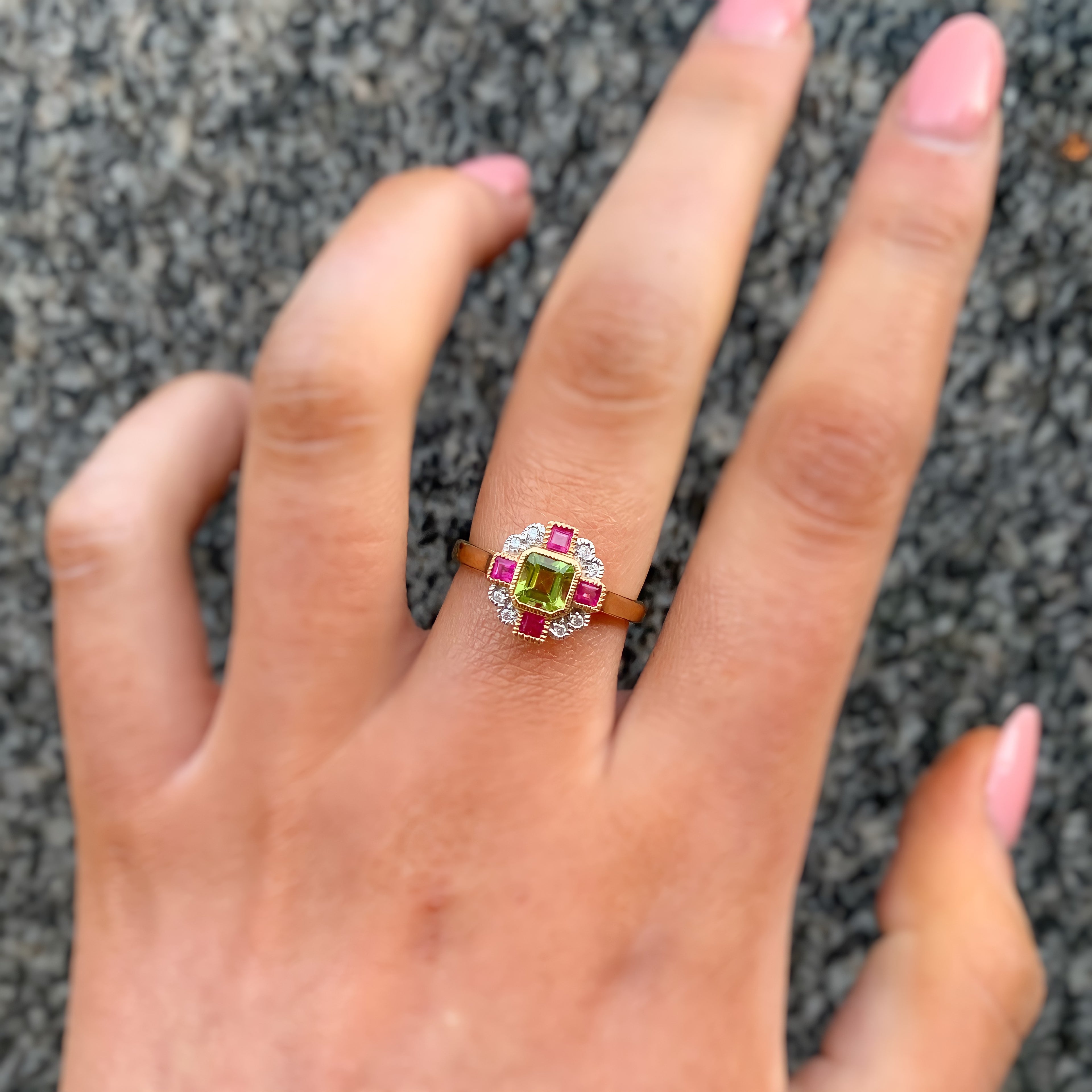 Peridot, Pink Ruby and Diamond Art Deco Reproduction 9ct Yellow Gold Ring | Size O