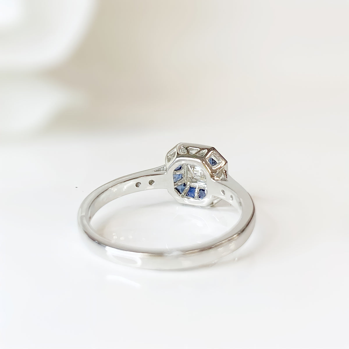 Art Deco Inspired Platinum Sapphire and Diamond Ring