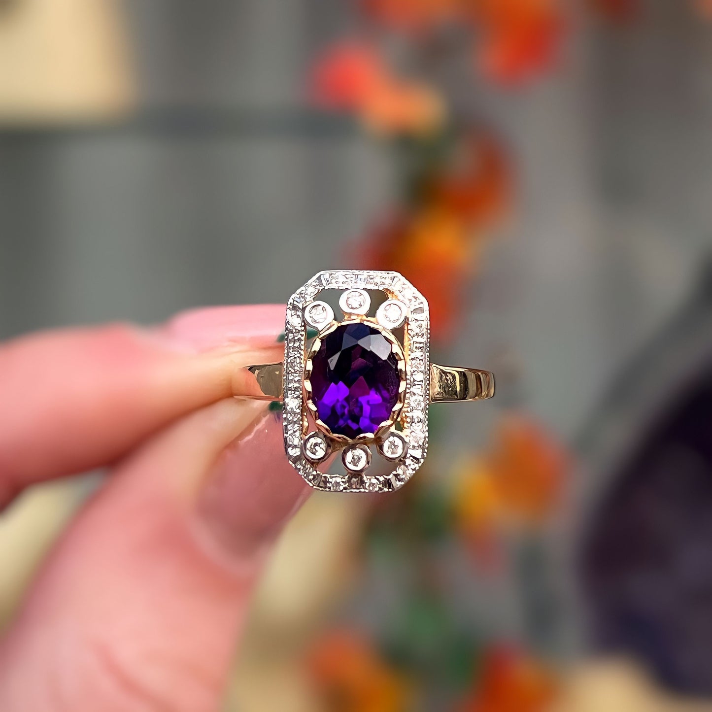 9ct Yellow Gold Amethyst and Diamond Art Deco Reproduction Ring - Size O