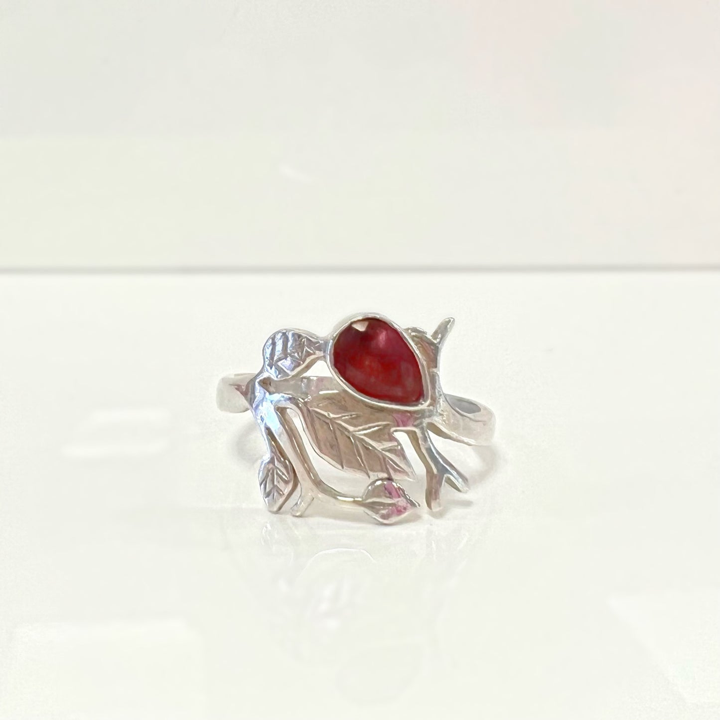 Sterling Silver Leaf Design Ruby Ring - Size K 1/2