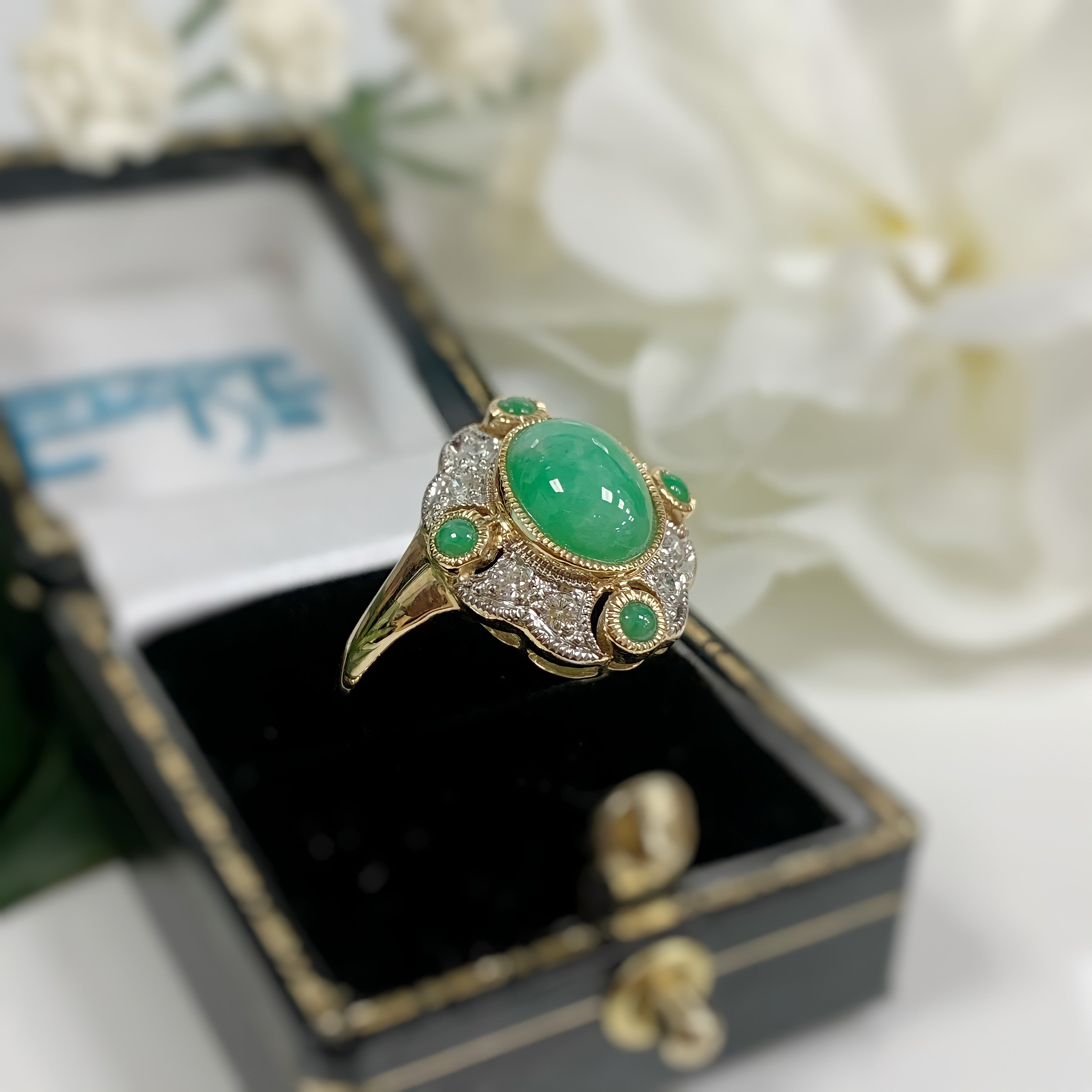 Jade and Diamond Art Deco Reproduction 9ct Yellow Gold Ring | Size N ½