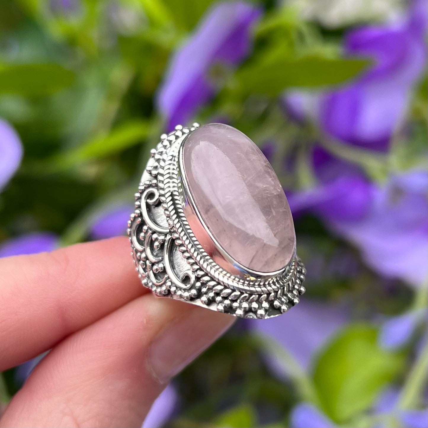 Sterling Silver Rose Quartz Bohemian Ring - Size N