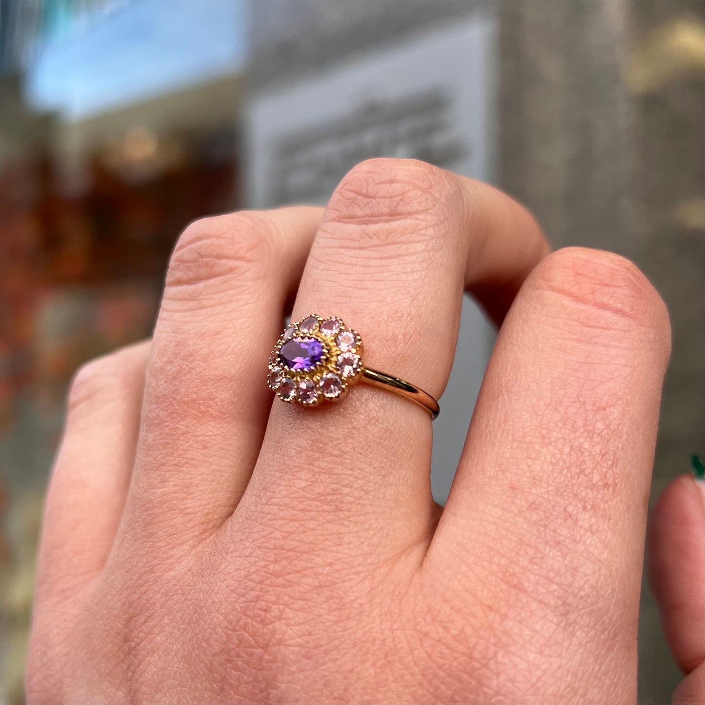 Victorian Reproduction 9ct Yellow Gold Amethyst and Diamond Floral Inspired Ring - Size M1/2