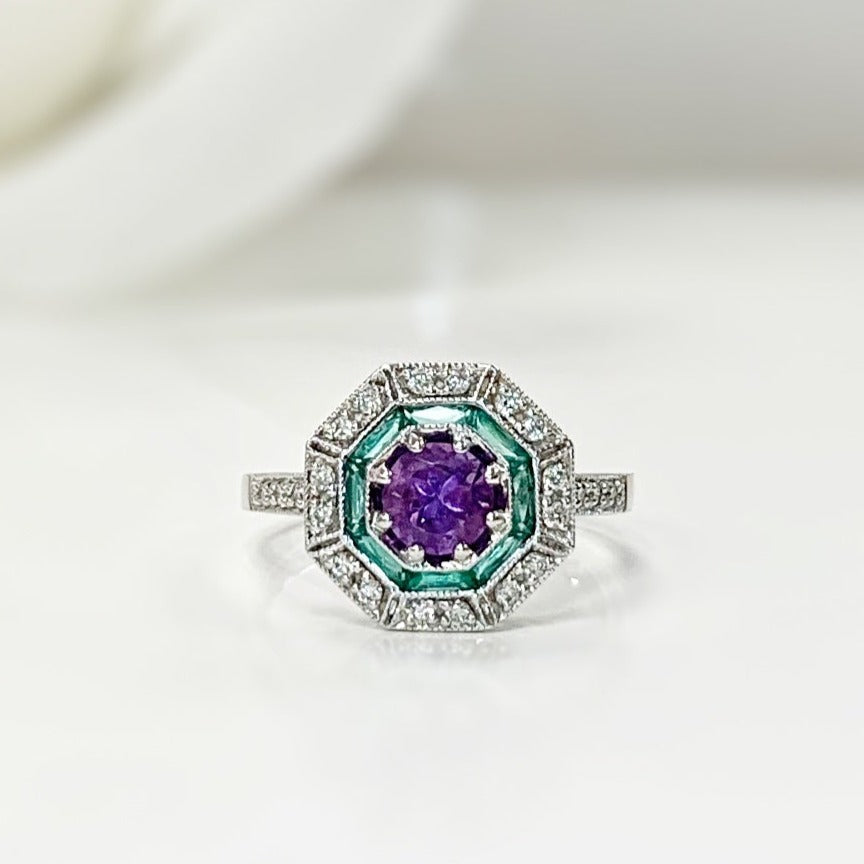 Art Deco Reproduction 9ct White Gold Amethyst, Emerald and Diamond Ring - SIZE M1/2