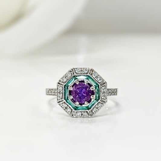 9ct White Gold Amethyst, Emerald and Diamond Art Deco Reproduction Ring - Size M 1/2