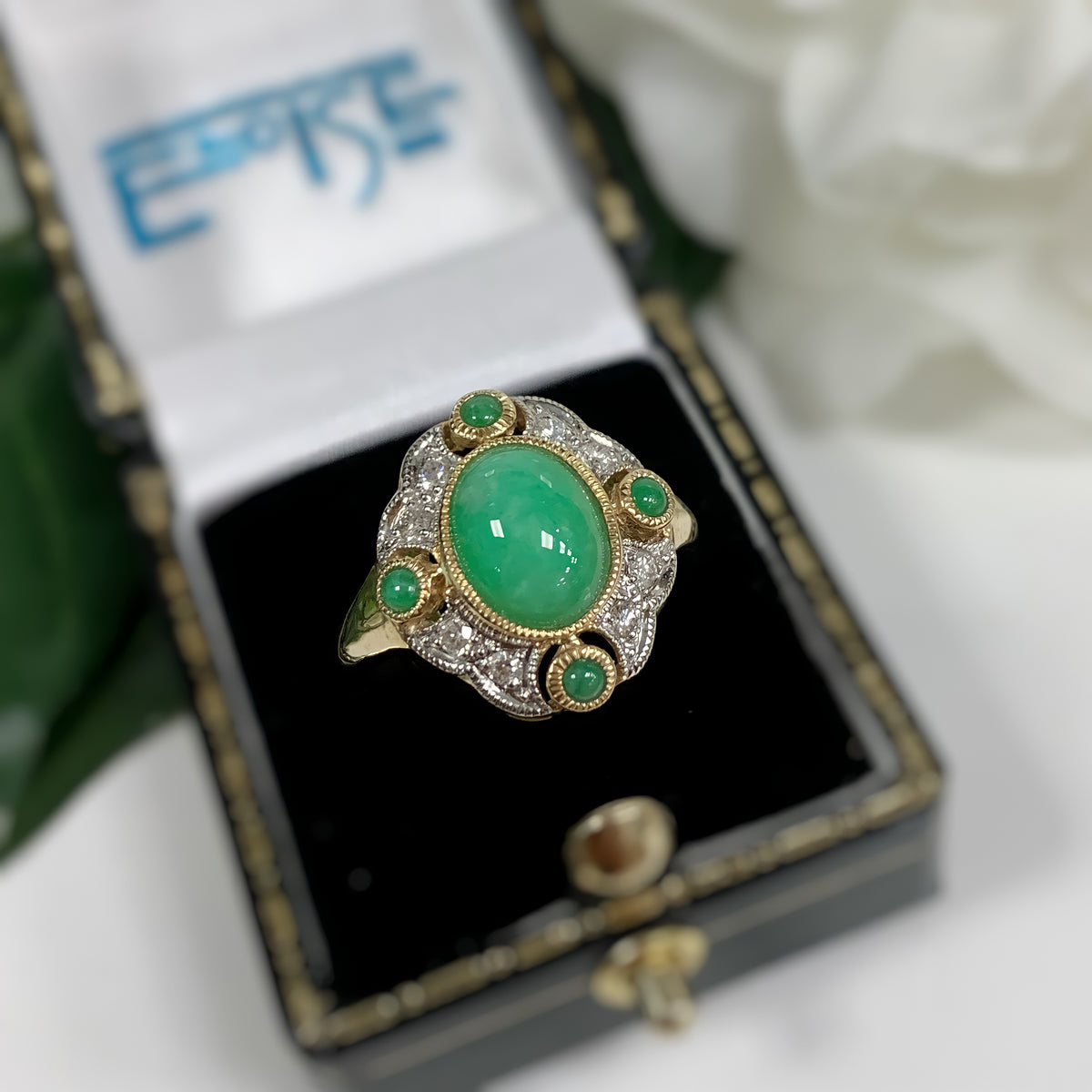 Jade and Diamond Art Deco Reproduction 9ct Yellow Gold Ring | Size N ½