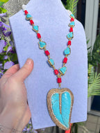 Red Coral & Turquoise 18ct Yellow Gold Plated Beaded Leaf Chunky Necklace