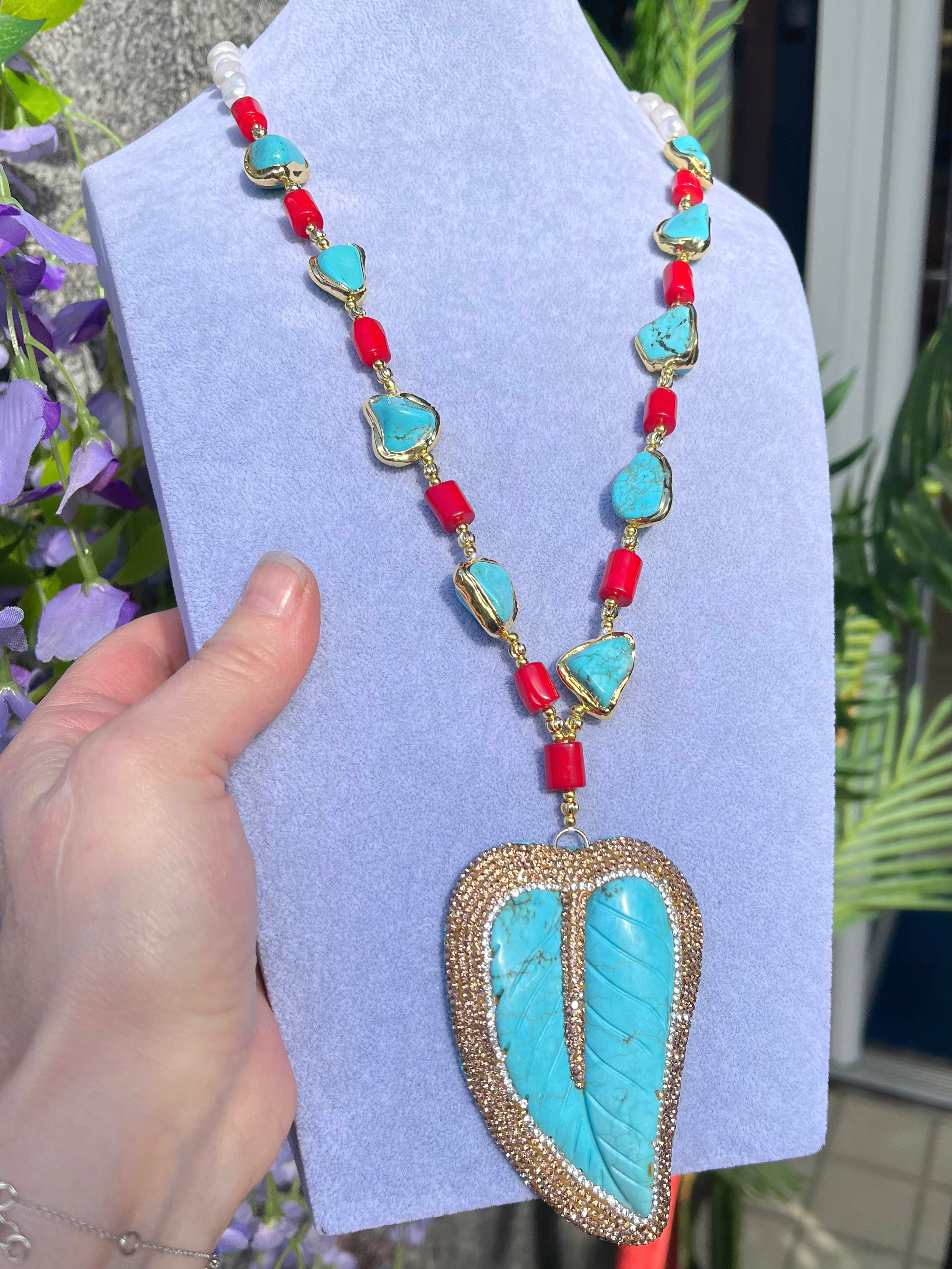 Red Coral & Turquoise 18ct Yellow Gold Plated Beaded Leaf Chunky Necklace