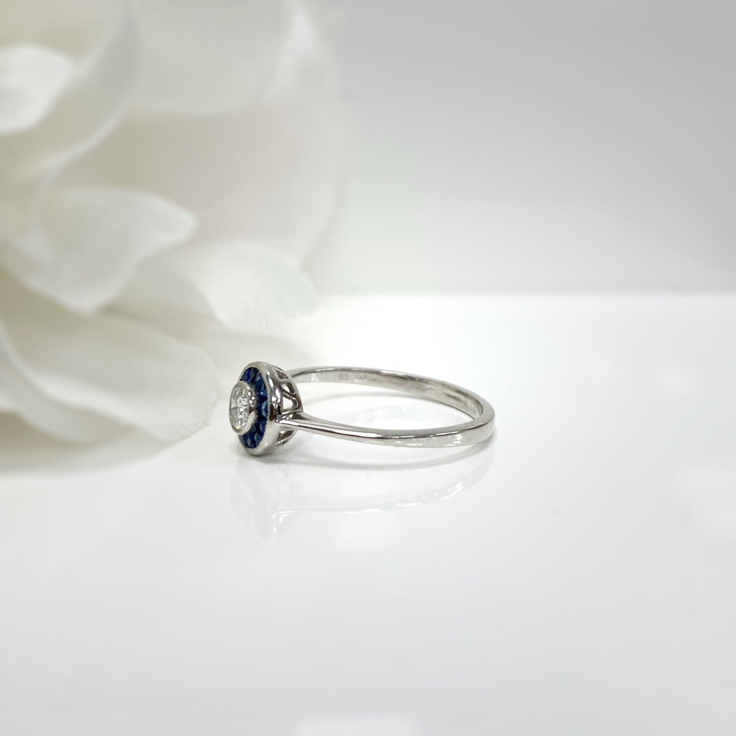 Art Deco Inspired Platinum Sapphire and Diamond Engagement Ring – SIZE N