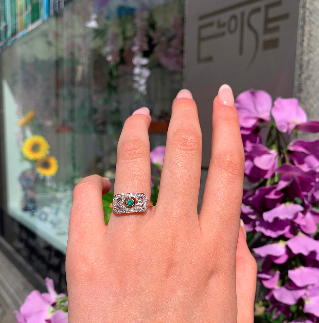 Sweet Art Deco Reproduction 9ct Rose Gold Emerald and Diamond Ring