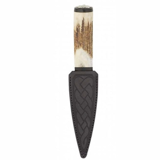 Scottish Staghorn Damascus Blade Sgian Dubh with Black Leather Sheath.