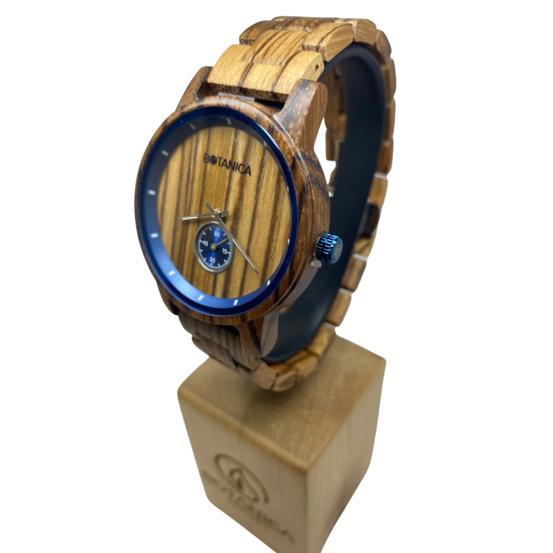 Men’s Botanica vegan wooden watch with blue steel detail and dual dial