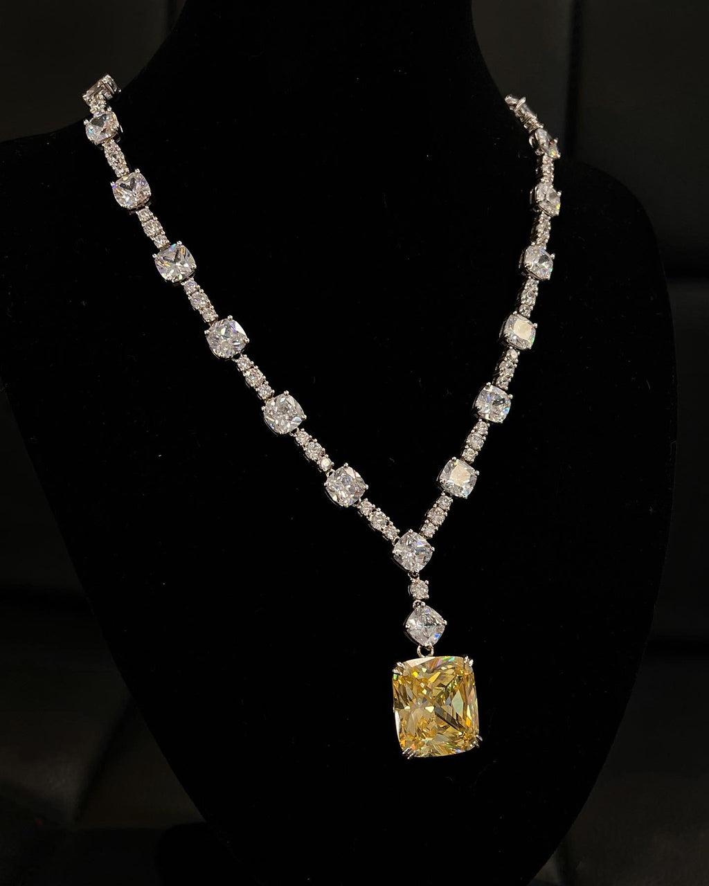 Clear and Lemon Yellow Cubic Zirconia Sterling Silver Encrusted Necklace