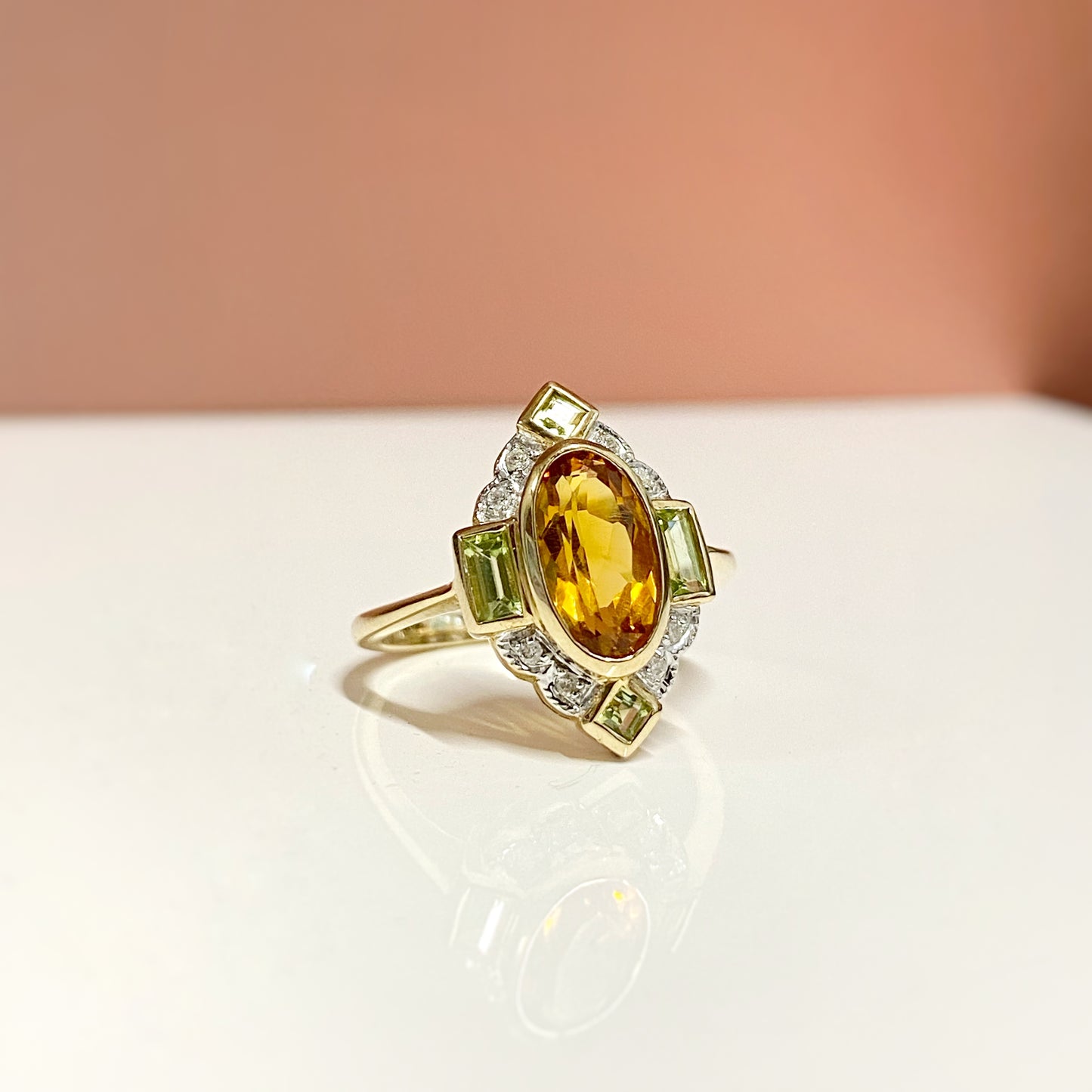 Art Deco Inspired 9ct Yellow Gold Citrine, Peridot and Diamond Ring