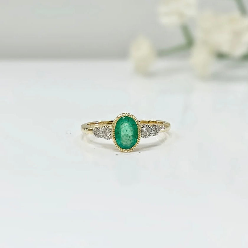 Dainty 9ct Yellow Gold Emerald and Diamond Ring - SIZE K1/2