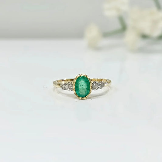 Dainty 9ct Yellow Gold Emerald and Diamond Ring - SIZE K 1/2