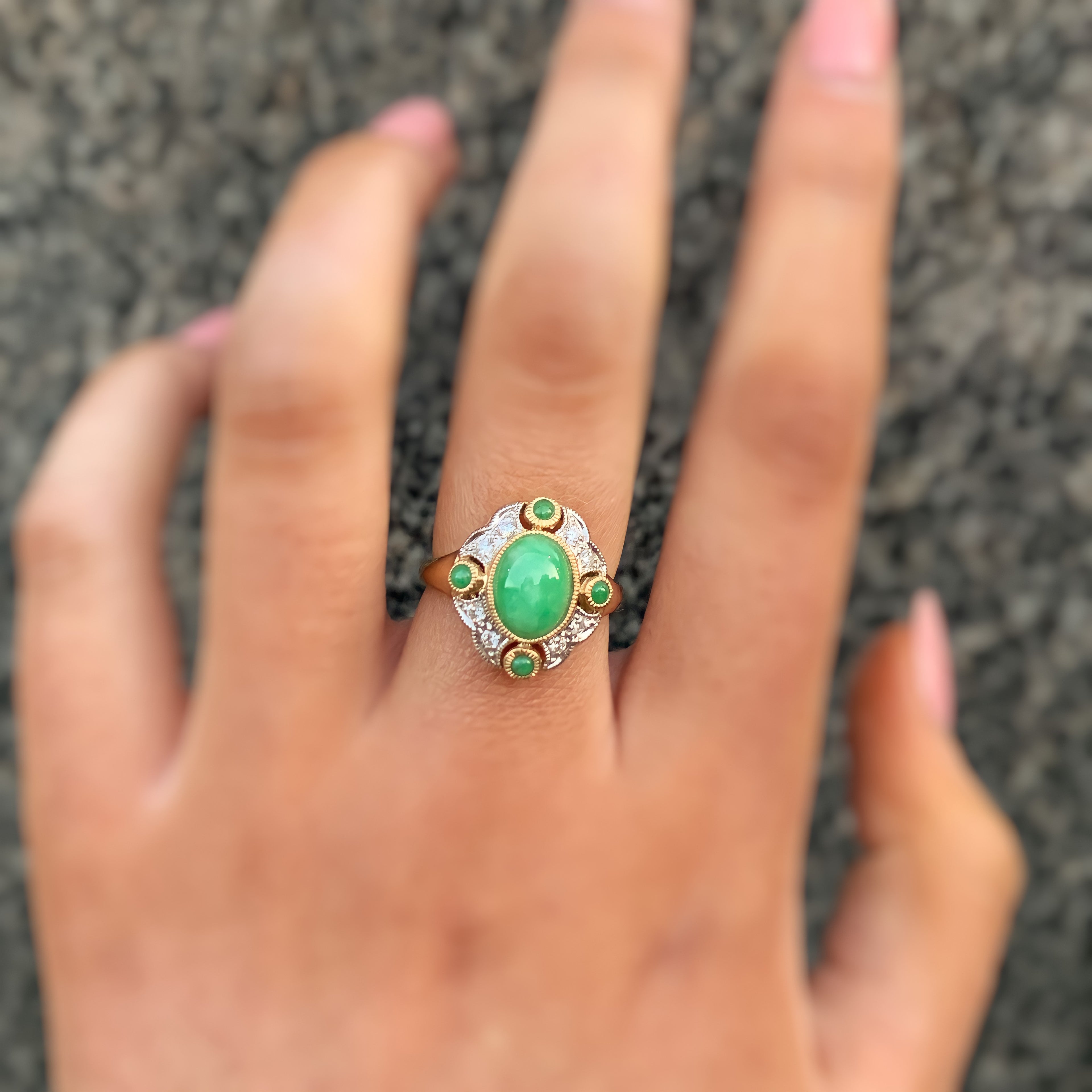 Jade and Diamond Art Deco Reproduction 9ct Yellow Gold Ring | Size N ½