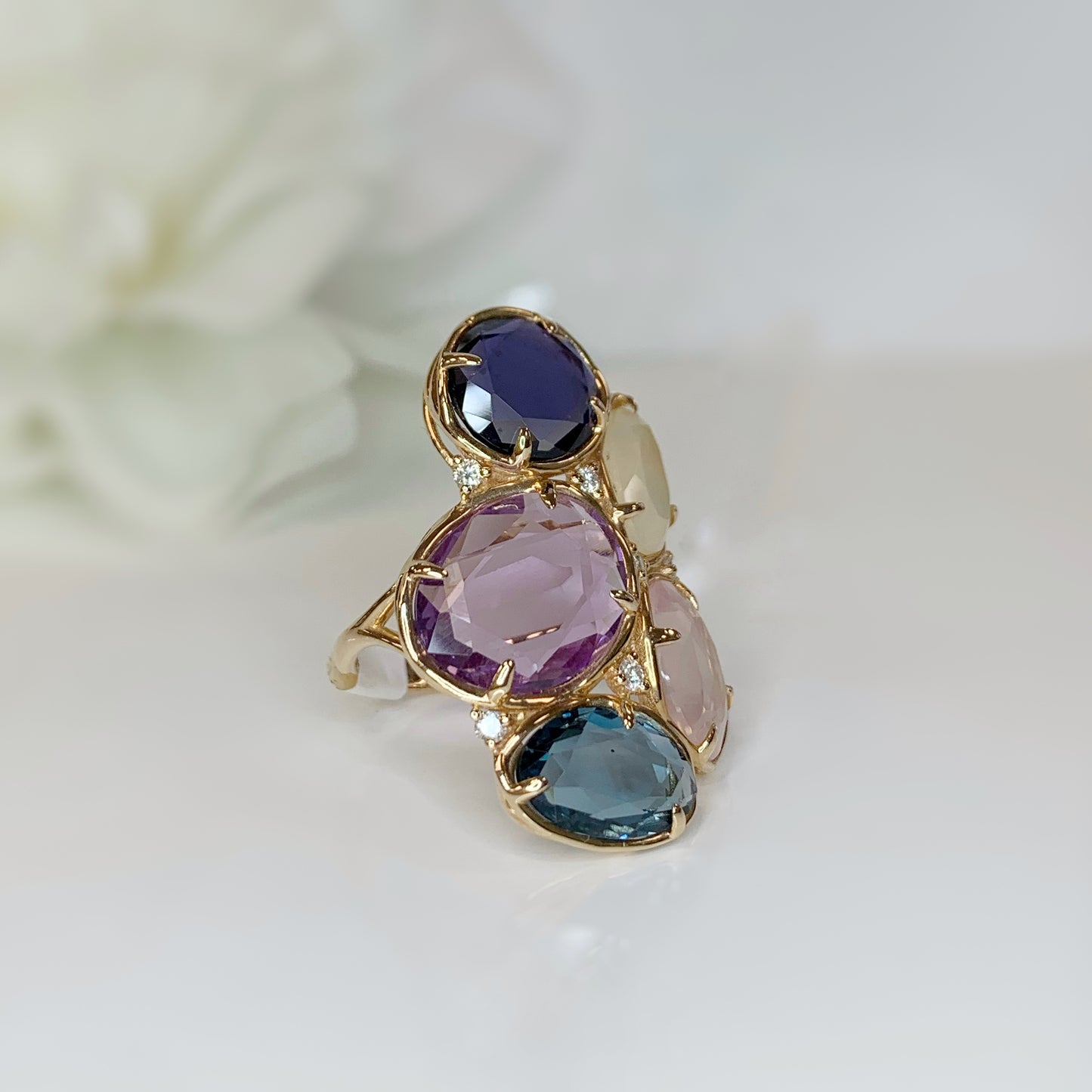 Peroni & Parise 14ct Rose Gold Rose Quartz, Iolite, Amethyst, Topaz, Opal and Diamond Ring