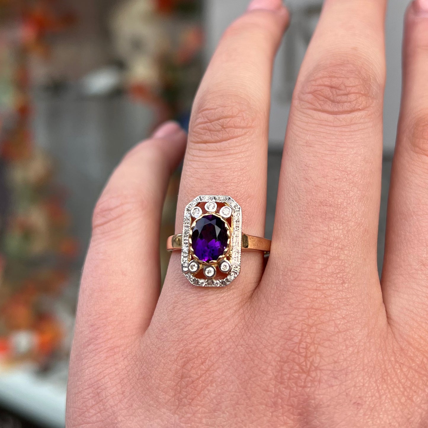 9ct Yellow Gold Amethyst and Diamond Art Deco Reproduction Ring - Size O