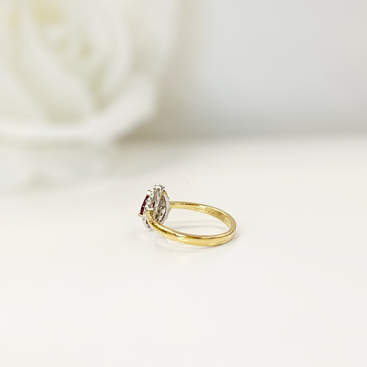 Dainty 18ct Yellow Gold Pear Shaped Ruby and Diamond Engagement Ring - SIZE M