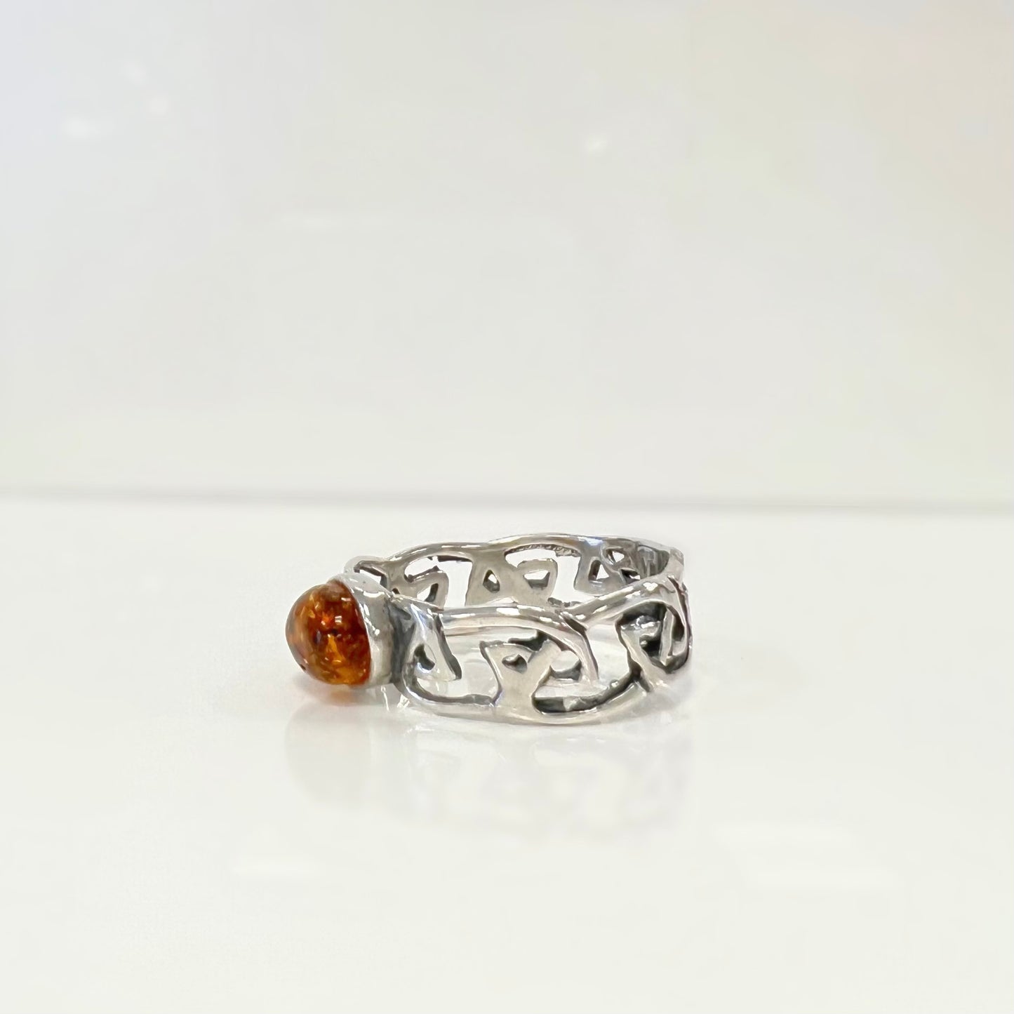 Sterling Silver Celtic Knot Design Amber Ring  - Size M