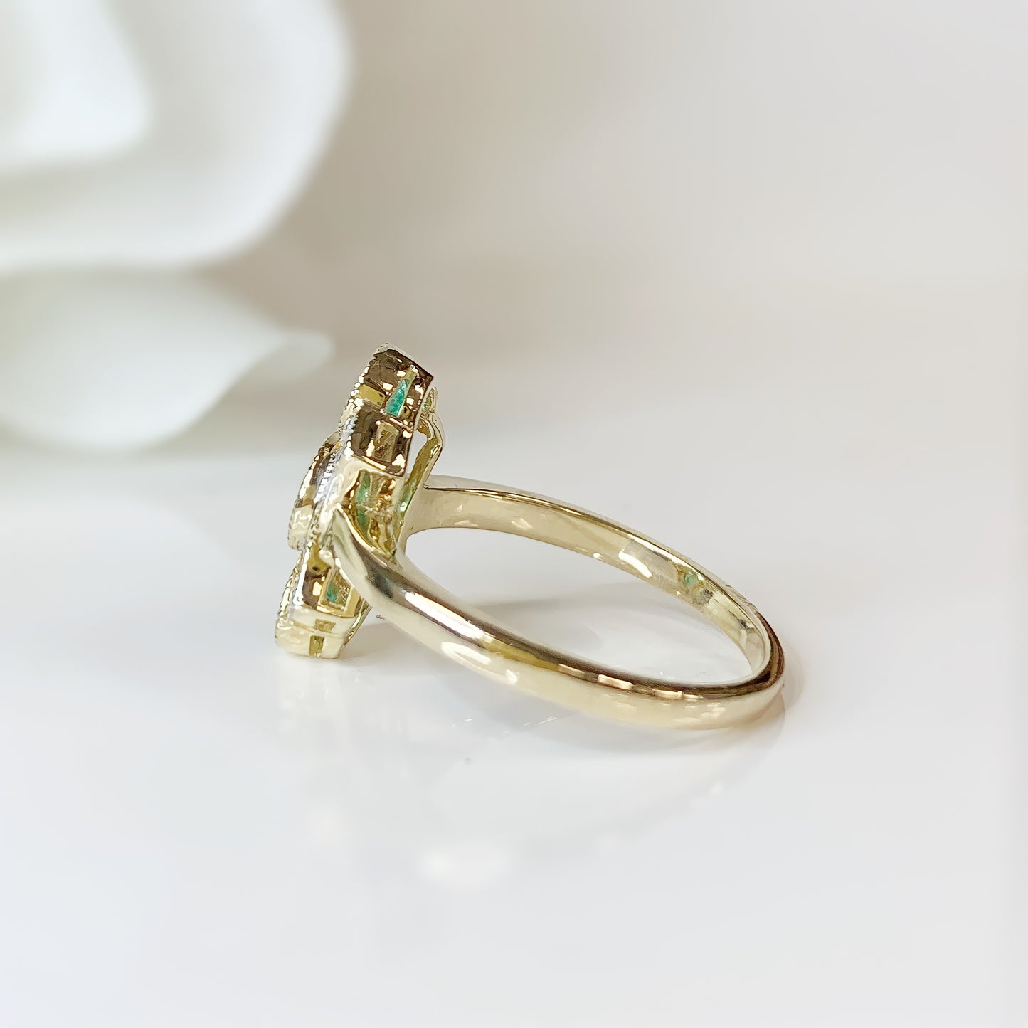 9ct Yellow Gold Emerald and Diamond Art Deco Inspired Ring – Size L 1/2