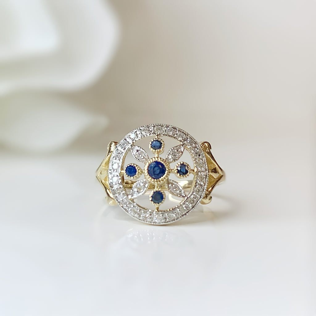 Victorian Inspired Sapphire and Diamond 9ct Yellow Gold Ring | Size L ½