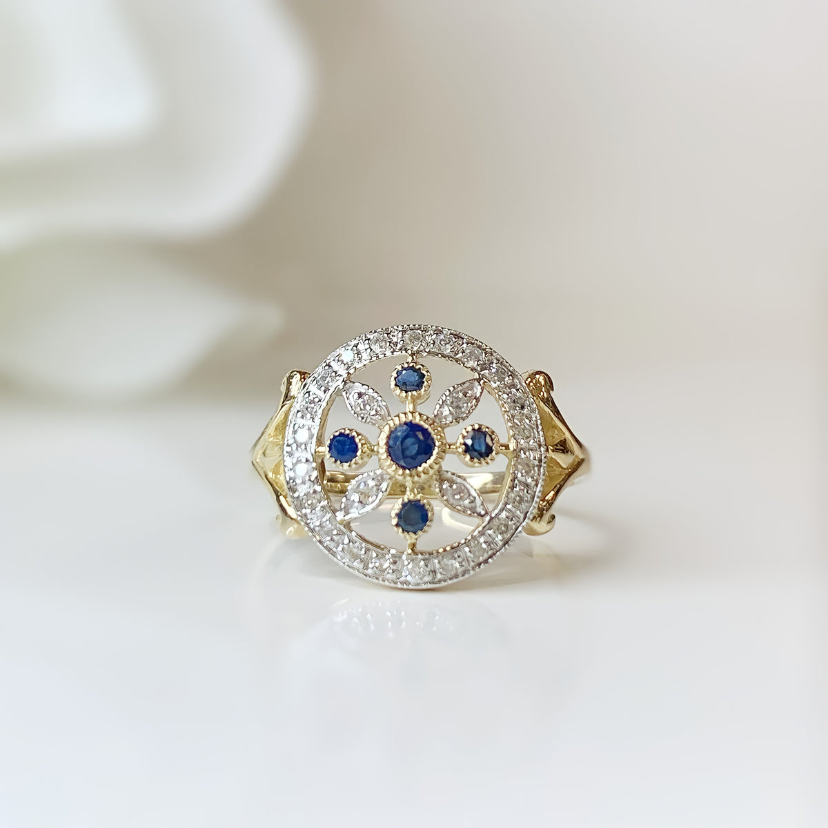 Victorian Inspired Sapphire and Diamond 9ct Yellow Gold Ring | Size L ½