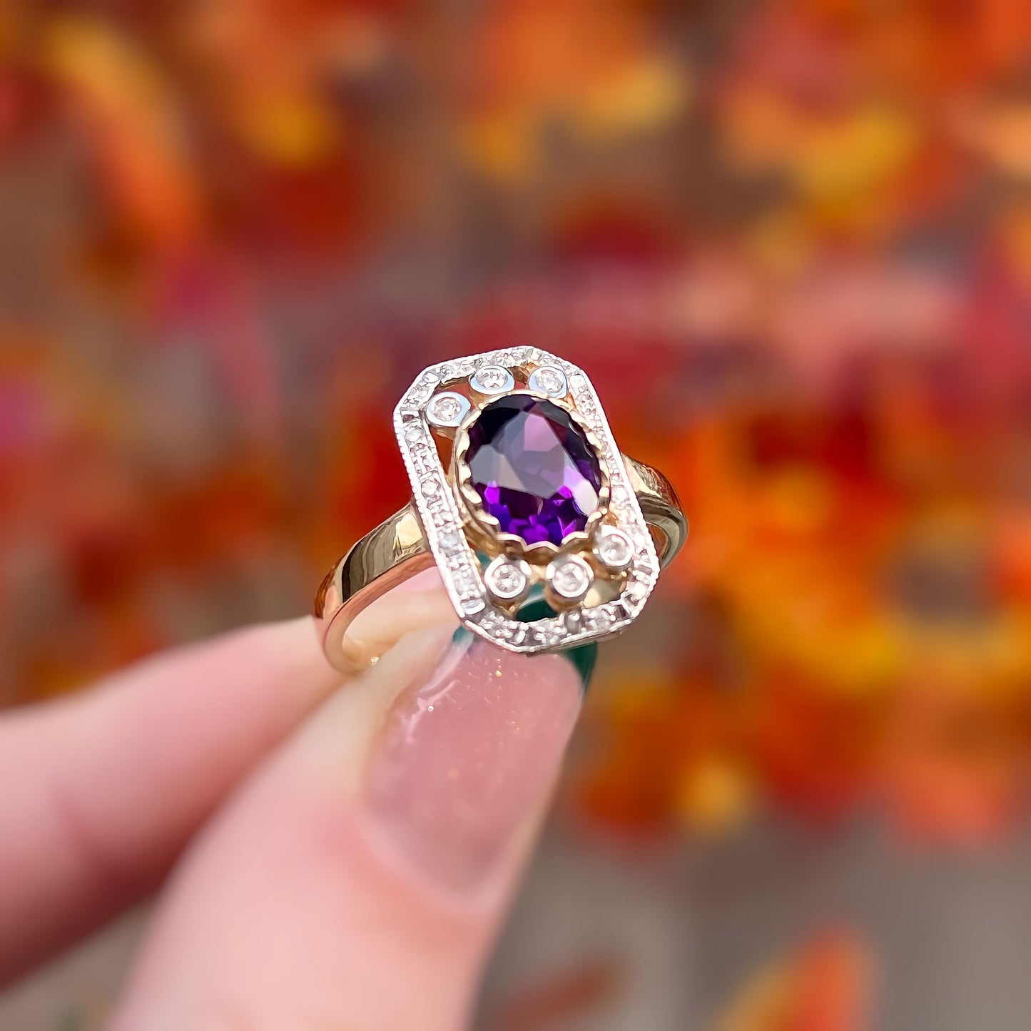 9ct Yellow Gold Amethyst and Diamond Art Deco Reproduction Ring - Size O