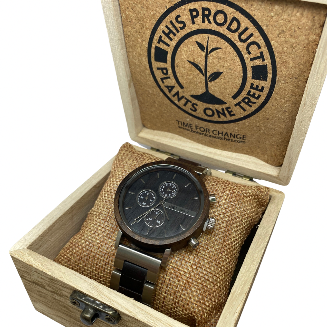 Men’s Botanica vegan steel watch with wooden detailing