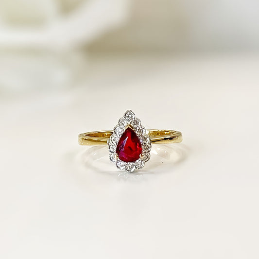 Dainty 18ct Yellow Gold Pear Shaped Ruby and Diamond Engagement Ring - SIZE M