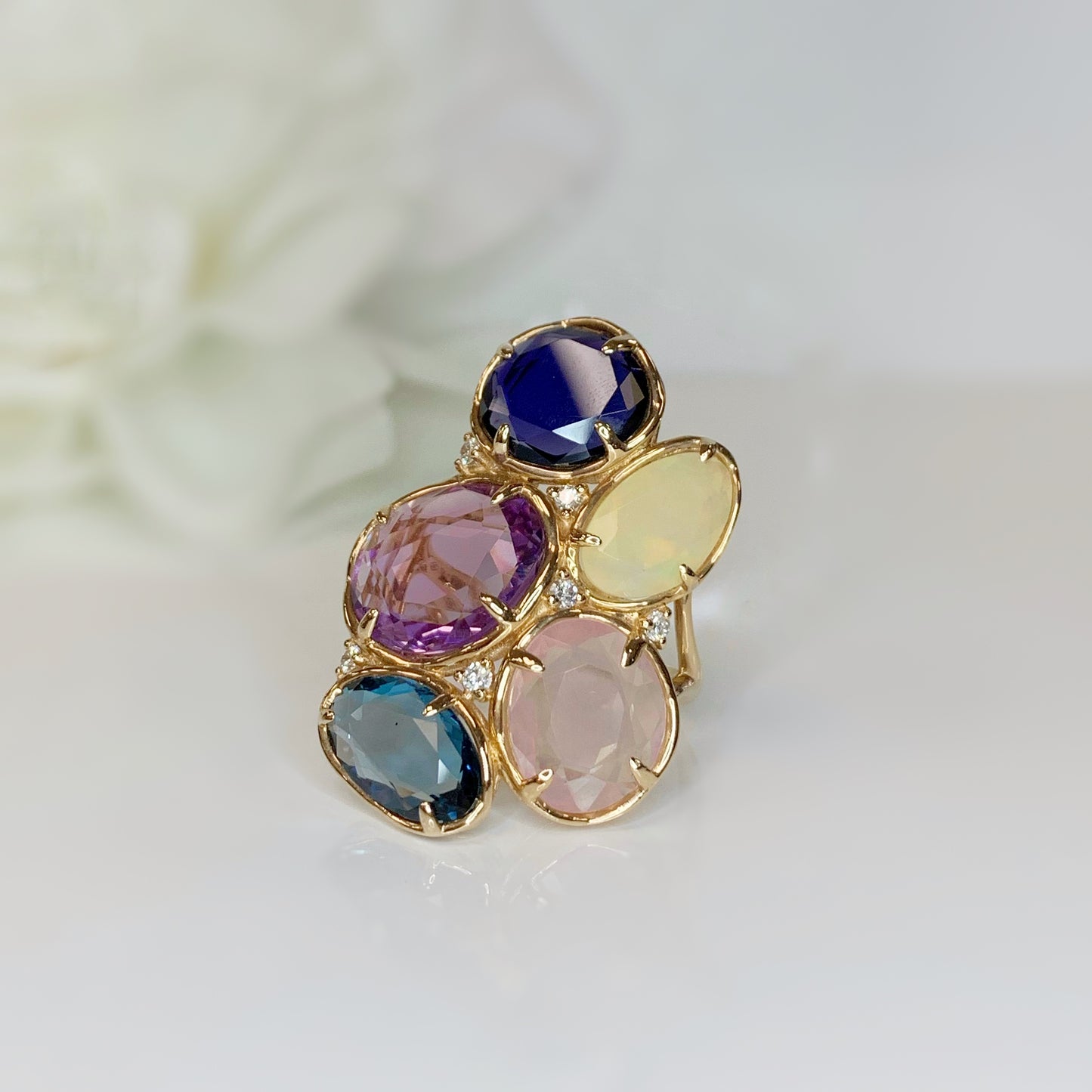 Peroni & Parise 14ct Rose Gold Rose Quartz, Iolite, Amethyst, Topaz, Opal and Diamond Ring