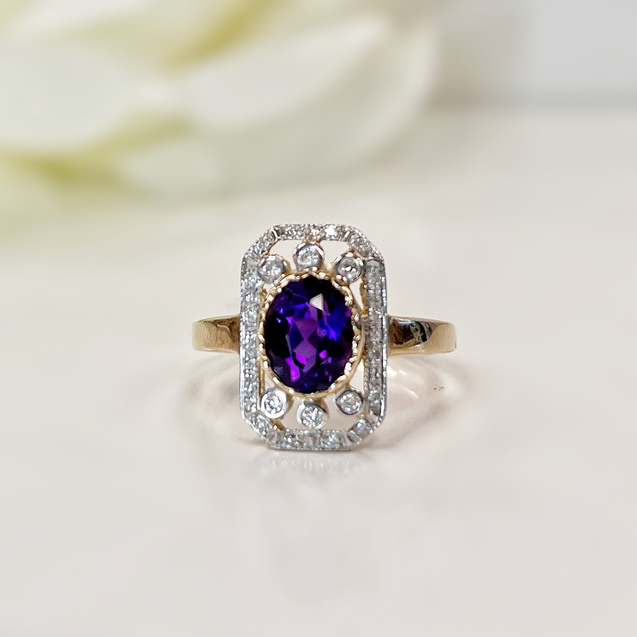 9ct Yellow Gold Amethyst and Diamond Art Deco Reproduction Ring - Size O