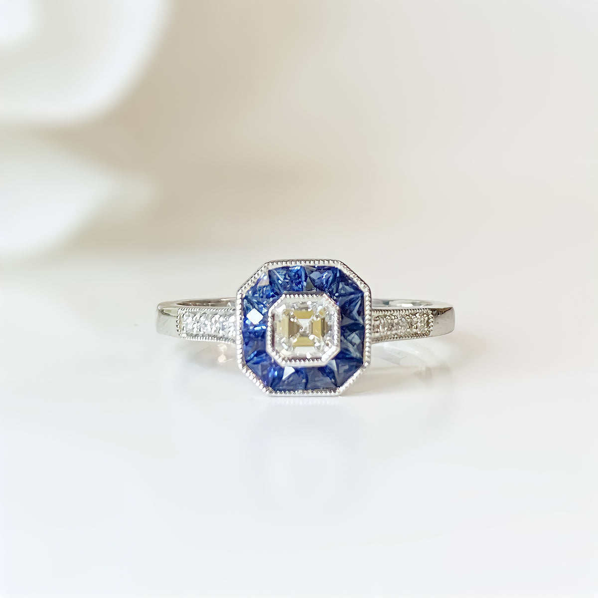 Art Deco Inspired Platinum Sapphire and Diamond Ring
