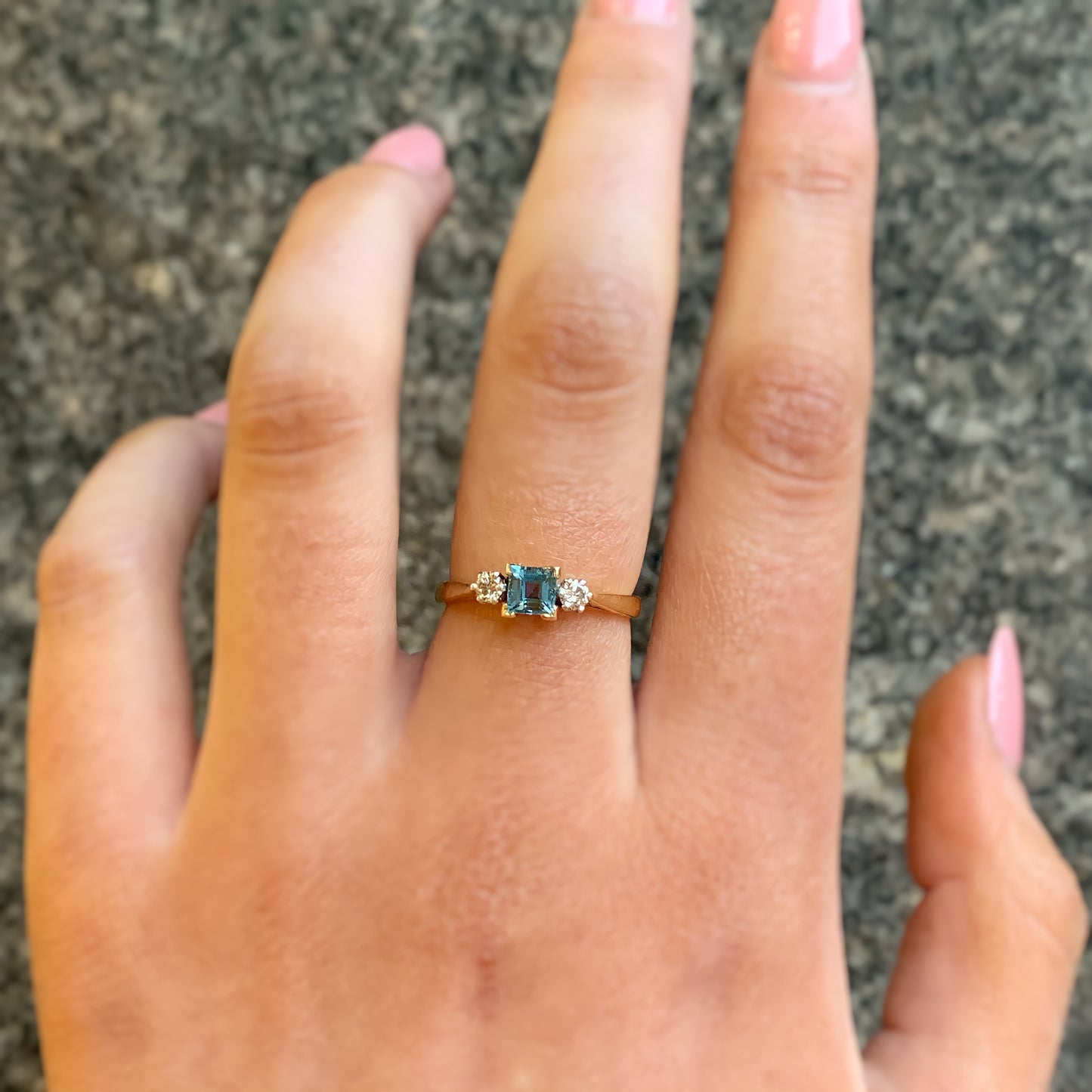 18ct Yellow Gold Vintage Reproduction Blue Topaz and Diamond Ring – Size M 1/2