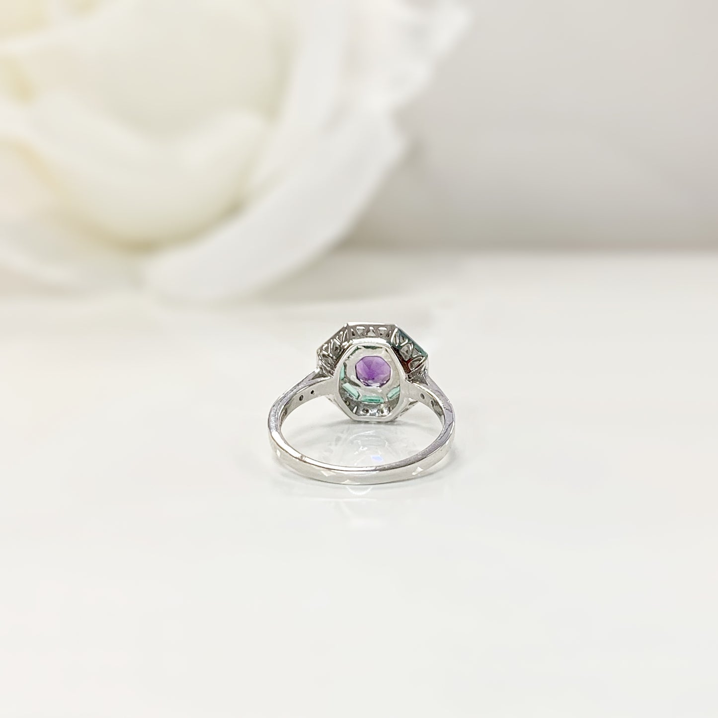 9ct White Gold Amethyst, Emerald and Diamond Art Deco Reproduction Ring - Size M 1/2