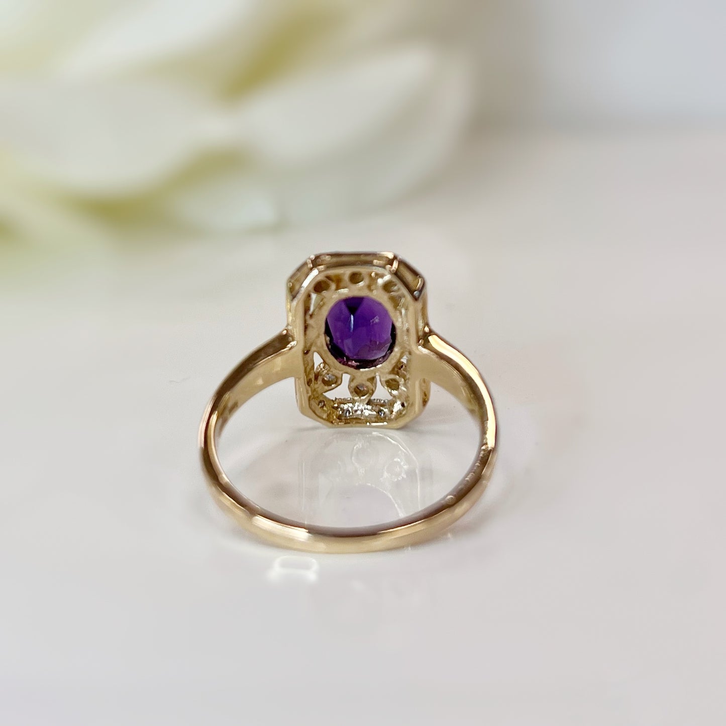 9ct Yellow Gold Amethyst and Diamond Art Deco Reproduction Ring - Size O