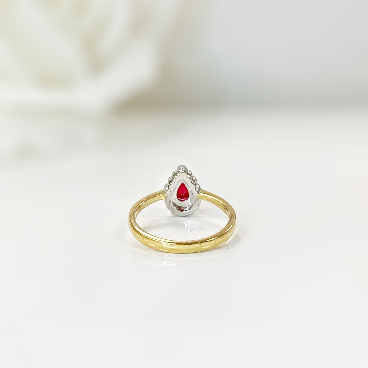 Dainty 18ct Yellow Gold Pear Shaped Ruby and Diamond Engagement Ring - SIZE M