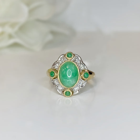 9ct Yellow Gold Art Deco Reproduction Jade and Diamond Ring – SIZE N1/2