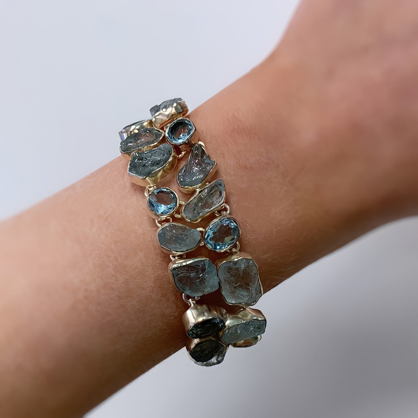 Sterling Silver Raw Aquamarine and Blue Topaz Bracelet