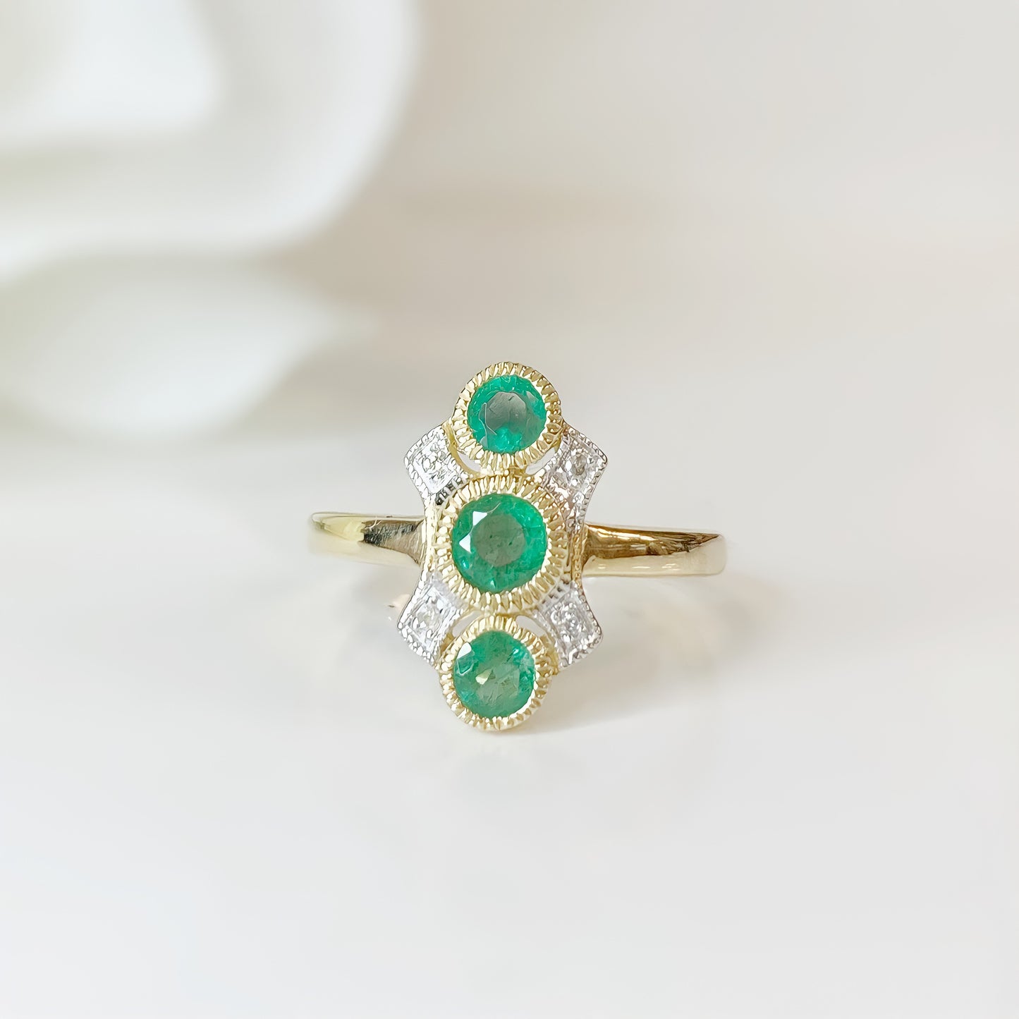 9ct Yellow Gold Emerald and Diamond Art Deco Inspired Ring – Size L 1/2