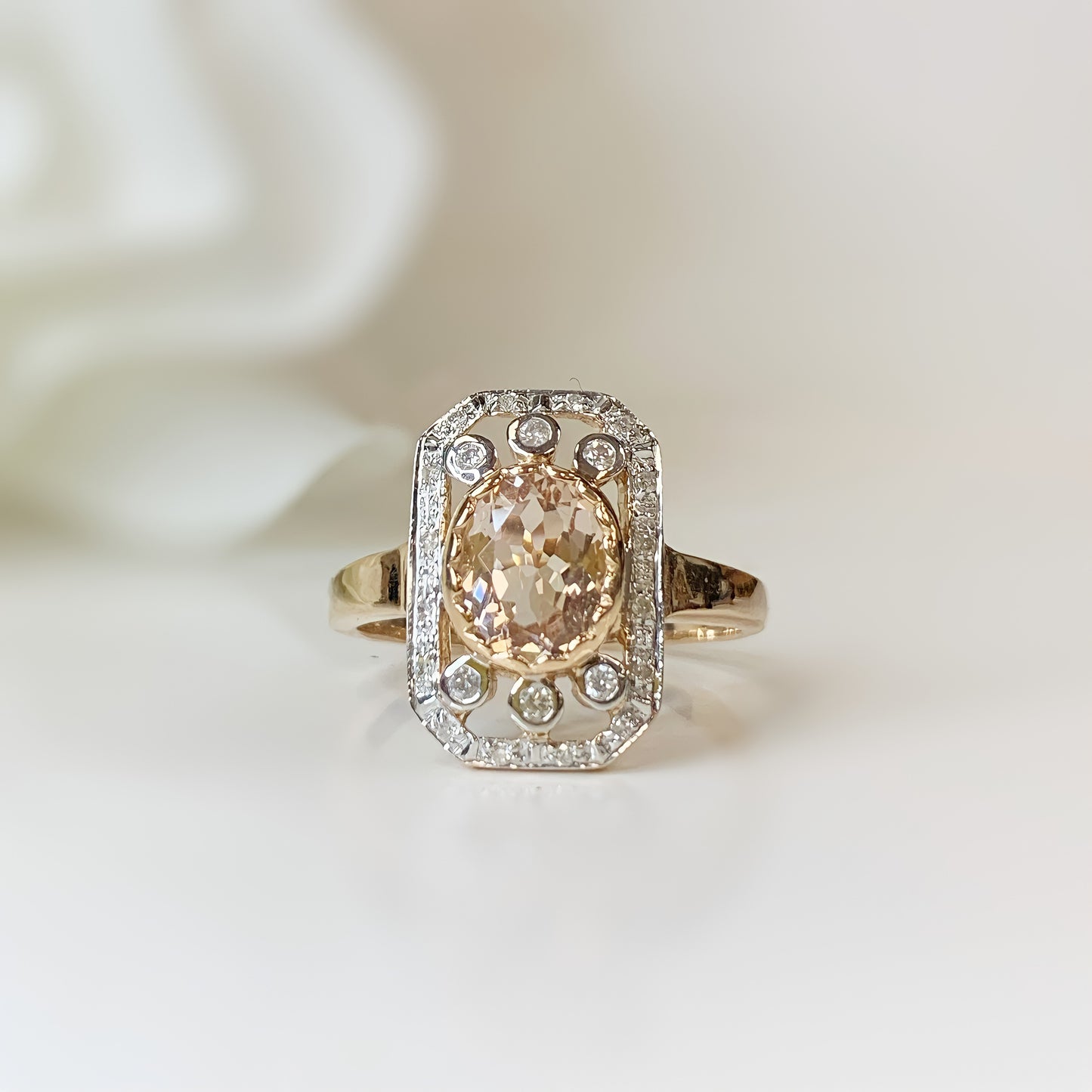 9ct Rose Gold Morganite and Diamond Art Deco Inspired Ring – Size N 1/2