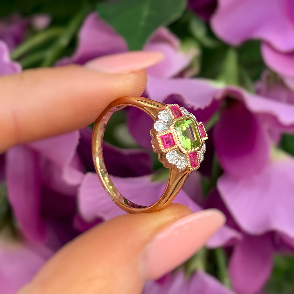 Peridot, Pink Ruby and Diamond Art Deco Reproduction 9ct Yellow Gold Ring | Size O
